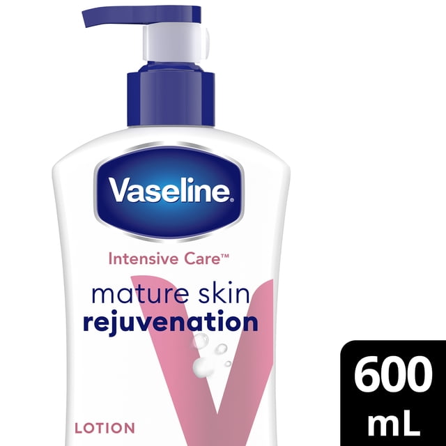 Vaseline Intensive Care™ Mature Skin Rejuvenation Body Lotion in a white 600 ml pump bottle with blue cap and pink 'V' design, formulated for aging, dry skin with 48-hour moisture and ultra-hydrating lipids to replenish and protect skin.