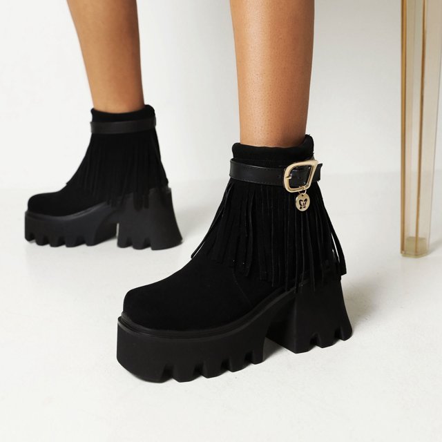 Bottines à Talons Hauts Épais en Daim à Franges pour Femmes Automne et Hiver