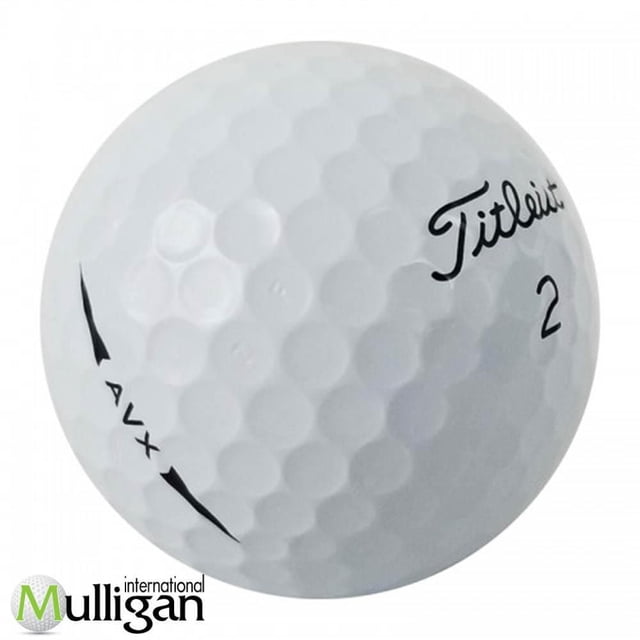 Mulligan - 36 Titleist AVX 4A Recycled Used Golf Balls showing a close-up of a white dimpled golf ball with black Titleist logo, number 2, and AVX markings, designed for soft feel, near-green control, and excellent tee-to-green distance, ideal for eco-conscious golfers.