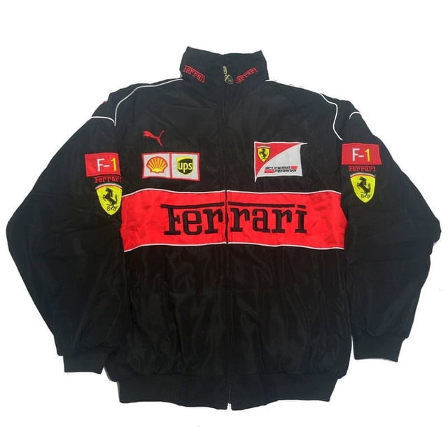 Combinaison de Course F1 Style Personnalité Tendance F1, Veste de Moto Matelassée A159 Entièrement Brodée par Youyoupin. Veste une-Pièce Noire avec accents Rouges, Présentant des logos Brodés Incluant Ferrari, Shell, UPS et Puma. Fabriquée en Coton Mercerisé avec Rembourrage de 230 g, Convient aux Pilotes Mâles. Disponible en Tailles m, L, TG, TTG.