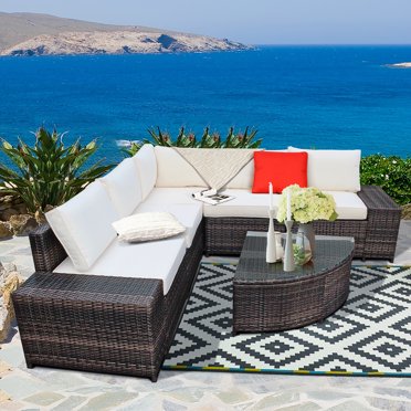 Costway 6PCS Rattan Furniture Set Conversation Cushioned Sofa Armrest Garden Off White