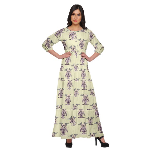 Moomaya Printed Round Neck 3/4 Sleeve Long Maxi Dress With Drawstring Waist