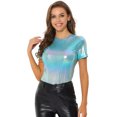 thumbnail image 1 of INSPIRE CHIC Women's Party Metallic Textured Short Sleeve Shiny Multicolor Top X-Large Blue Shiny, 1 of 5