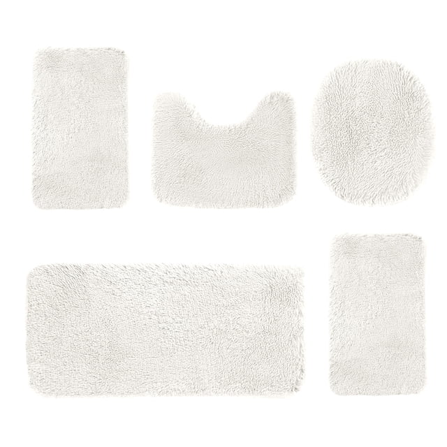 zanvin Bath Mats for Bathroom, a 5-piece set of solid color bath mats in white, featuring soft longhair velvet fleece material with memory foam backing. Includes a toilet mat (15.7x14.9 inches), bath mat (31.5x15.7 inches), square bath floor mat (23.6x15.7 inches), and toilet cover (19.6x15.7 inches). Designed for water absorption, non-slip functionality, and machine washability. Ideal for modern bathroom decor and as a bathroom rug set.