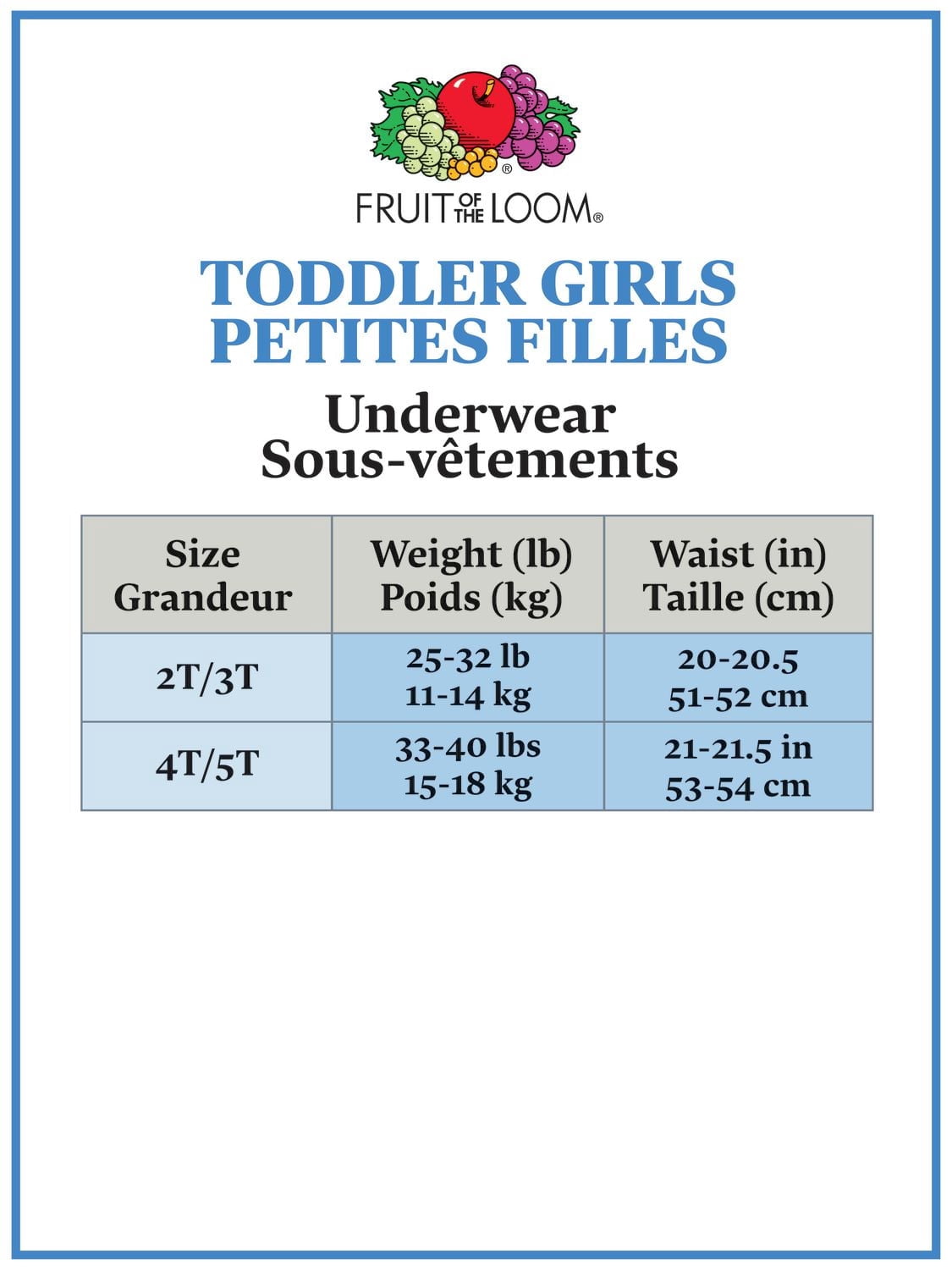 Fruit of the Loom bambin fille 6PK Brie de coton assorti, Taille 2T/3T