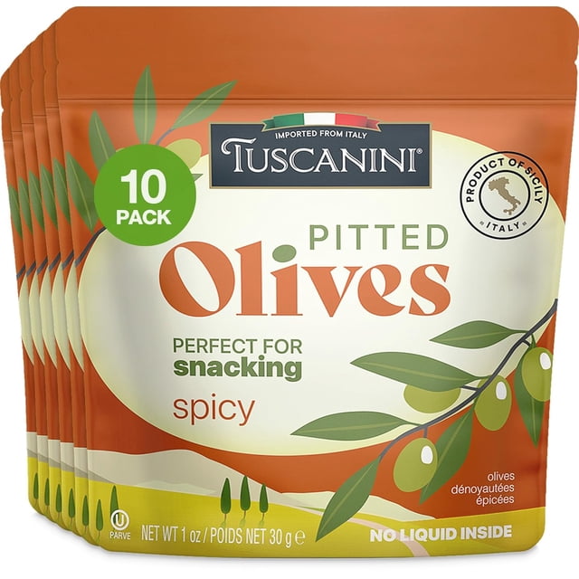 Tuscanini Spicy Pitted Olives Pouch 30g (10 Pack) featuring a vibrant orange pouch with green and white accents. The packaging highlights 'Perfect for snacking' and 'Spicy' with a '10 Pack' label. Includes 10 individual 30g packs of seasoned, pitted olives, ideal for on-the-go snacking or lunchboxes.