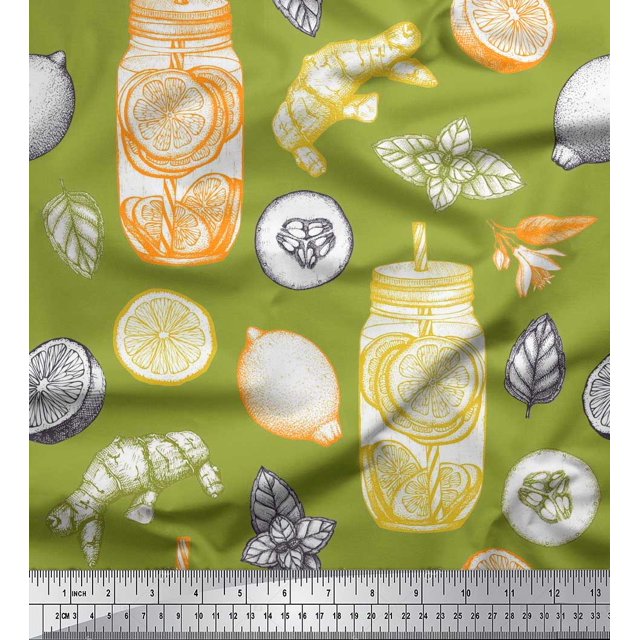 Soimoi Poly Georgette Fabric Lemon Slice Jar,Cucumber & Ginger Vegetable Print Fabric by Yard 52 Inch Wide