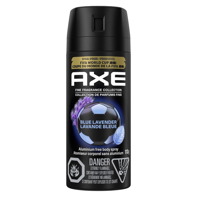 AXE Fine Fragrance Collection Premium Deodorant Body Spray Blue Lavender, 113 g — blue metal can with white AXE logo and spray nozzle; deodorant body spray for men scented with lavender, mint and amber essential oils; 72H freshness, 2X zinc odour control, aluminum-free; often used to freshen gym bags.
