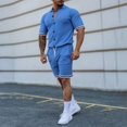 thumbnail image 4 of Mikilon Mens Trendy Outfits 2-Piece Set Cardigan Set Slim Knit Short Sleeve Lapel Shorts Set Top Shorts Two Piece Set Funky Comfort Short Sleeve Lapel Set Light Blue S, 4 of 5