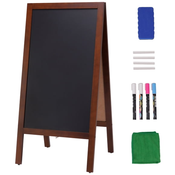 KFFKFF A-Frame Chalkboard Display, Dual-Faced Pedestrian Signage, Independent Antique Wood Chalk Board with Chalks & Magnetic Wiper, Rustic Brown Exterior Sandwich Board, 20"x40"