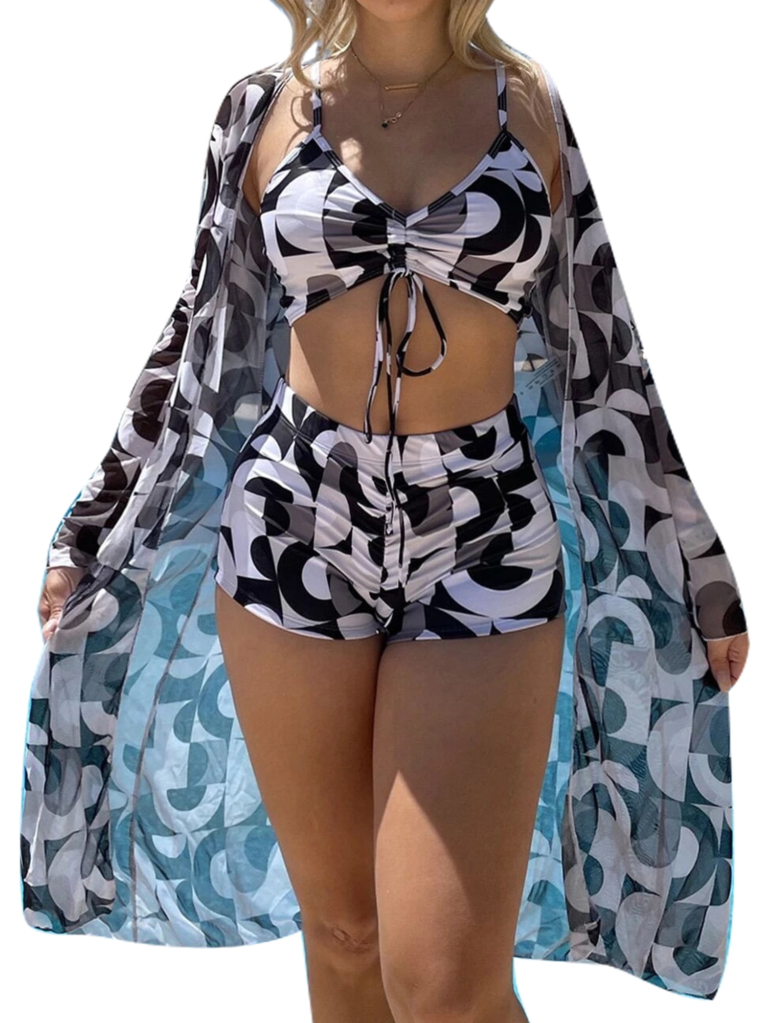 MAWCLOS Women Bathing Suit Ruched Swimsuit Three Pieces Swim Bikini Set Push Up Seaside Floral Print Swimming Suits Black M