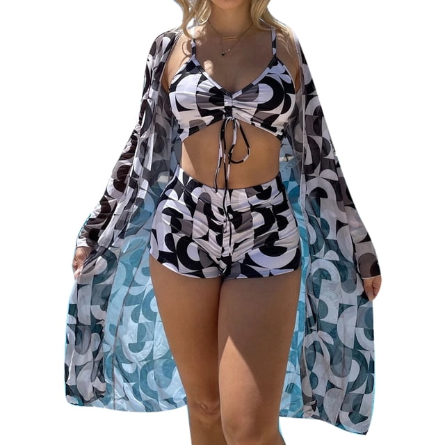 MAWCLOS Women Bathing Suit Ruched Swimsuit Three Pieces Swim Bikini Set Push Up Seaside Floral Print Swimming Suits Black M