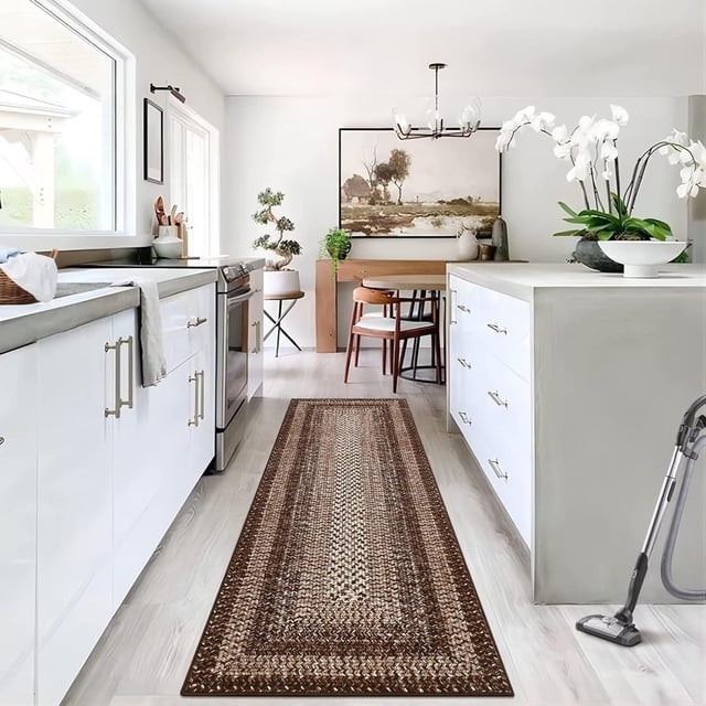 Modern 2x8 Runner Rug - Braided Print, Ultra-Thin, Washable, Non-Shedding, Non-Slip, Brown