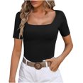 thumbnail image 1 of AherBiu Crop Tops for Women Square Neck Short Sleeve Slim Ribble Knit Blouse Going out Tops for Women, 1 of 3