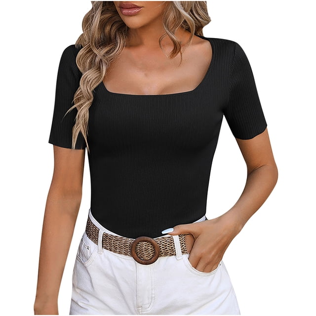 AherBiu Crop Tops for Women Square Neck Short Sleeve Slim Ribble Knit Blouse Going out Tops for Women