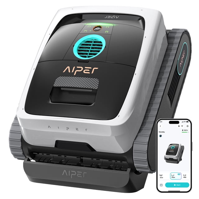 Aiper Scuba N3 Automatic Pool Cleaner, Robotic Pool Cleaner with AI Camera, MicroMesh Ultra-Fine Filter & App Control centered front-facing view of the compact robotic pool cleaner with rounded rectangular silhouette, top-mounted AI camera and LED guide, featherlight 8.5 kg design; highlights AI Patrol Cleaning, Cognitive AI Navium mode, VisionPath adaptive path planning with dToF sensors, JetAssist lateral waterline cleaning, dual brushes and MicroMesh filter access panel. Photographed on a tiled pool edge; suitable for large hot tubs or commercial fountains for scheduled autonomous cleaning.