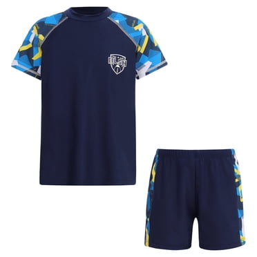 inhzoy Kids Boys Short Sleeve Swim Top with Shorts Set for Beach Pool Water Sports Bathing Suit Navy Blue& Yellow XXL