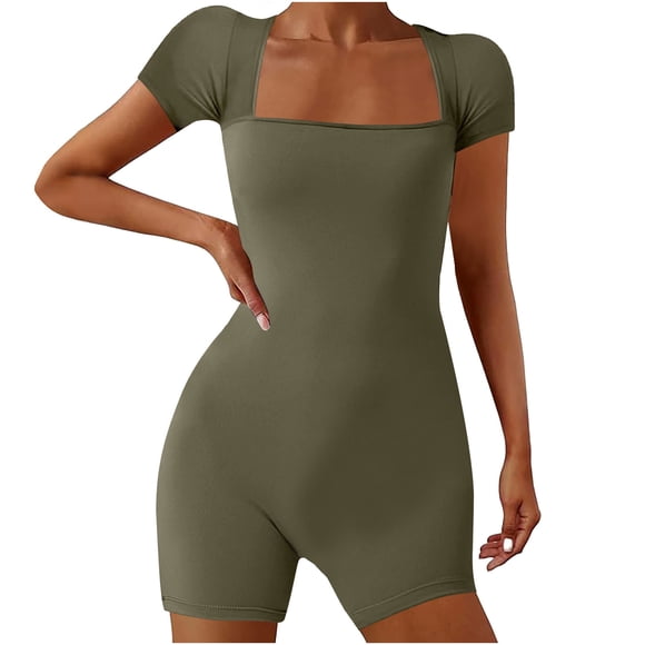 AherBiu Yoga Bodysuits for Women Square Neck Short Sleeve Slim Stretchy Workout Short Jumpsuits Rompers