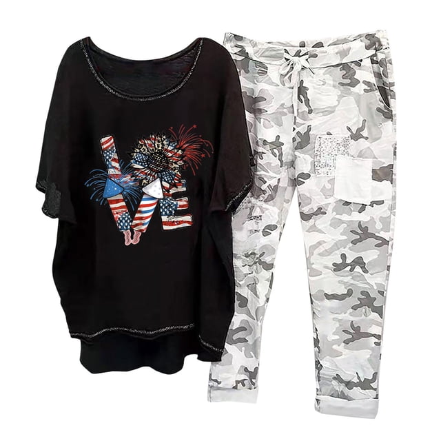 Mikilon Ensemble de Détente Confortable pour Femmes 2 Pcs Imprimé Décontracté Manches Moyennes Col Rond + Pantalon Noir-F TP