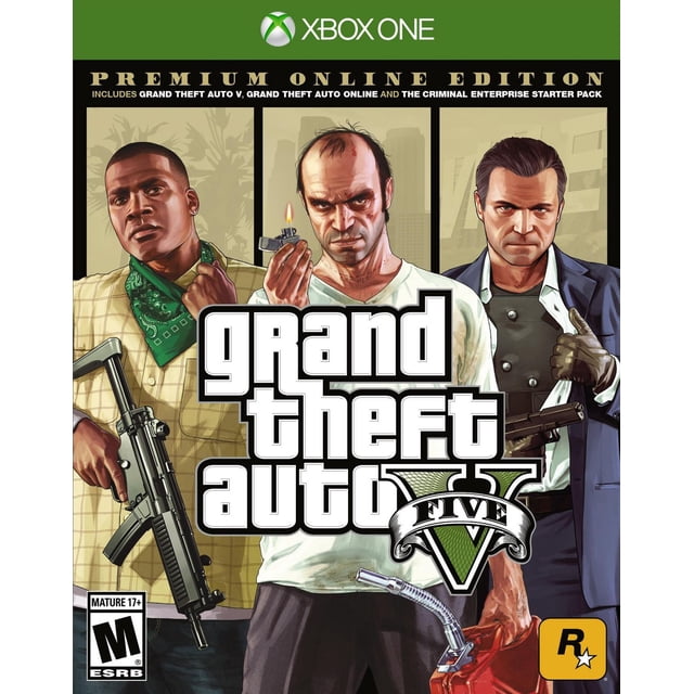 Grand Theft Auto V Online Premium (Xbox One) cover art featuring three male characters holding a rifle, lighter, pistol, and red gas can, with the bold white and green game title centered, Xbox One logo above, and Rockstar Games logo below.