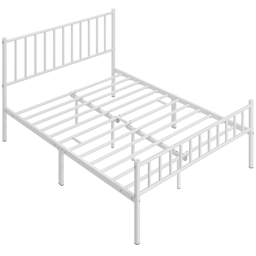 Fullfurnique Minimalist Metal Bed Frame with Vertical Bar Headboard and Footboard, Queen, White