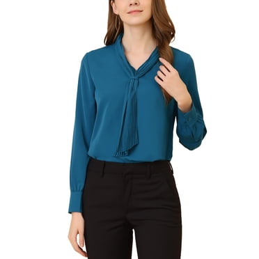 INSPIRE CHICWomen's Dressy Long Sleeve Blouses Chiffon Pleated Tie Neck Office Top Shirt M Peacock Blue