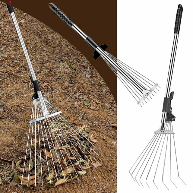 EGNMCR straw rake with adjustable iron claws and retractable aluminum handle, designed for sweeping leaves on flat ground. This garden tool features 9 metal teeth with adjustable width from 11cm to 30cm and a handle length adjustable from 54cm to 70cm. Ideal for cleaning gardens, lawns, and tight spaces like under hedges or between flower beds. Lightweight, rust-resistant, and easy to store, making it a versatile leaf rake for outdoor use.