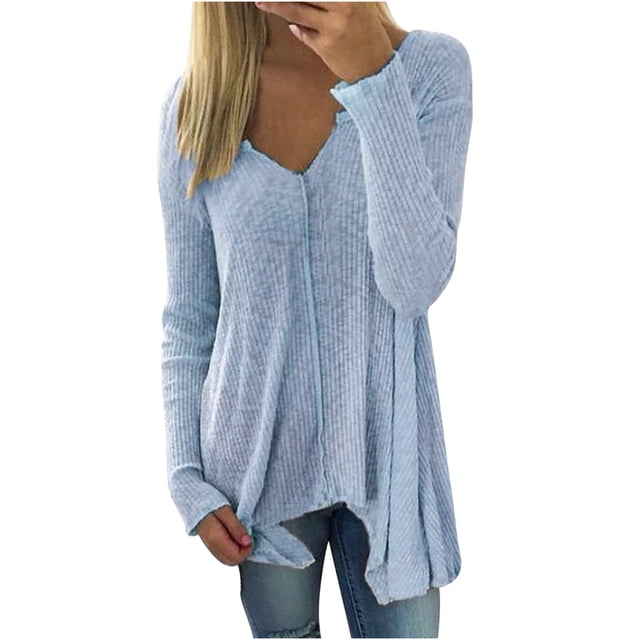 Yuyuzo Womens Long Sleeve V Neck Knit Ribbed Sweaters Solid Color Asymmetrical Basic Tunic Shirts Blouses Pullover Blue