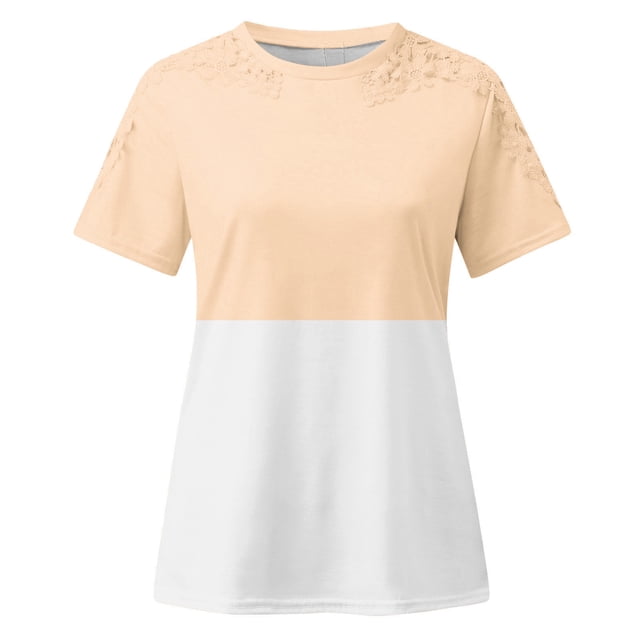 TopLLC Women's Short Sleeve Plus Size Tops Crewneck T Shirt Loose Fit Lace Stitching Shirts Solid Hollow Out Ruffle Tunic Tops