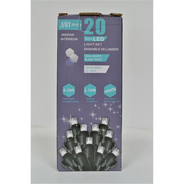 20 Lt 5Mm Led Indoor Light Set (Cool White Bulbs) packaging showing product specifications including 6.29 ft length, 2.16 wattage, green wire, and end-to-end connection, with a cluster of clear LED bulbs on black bases on a purple background, ideal for indoor novelty lighting and LED bar light decoration.