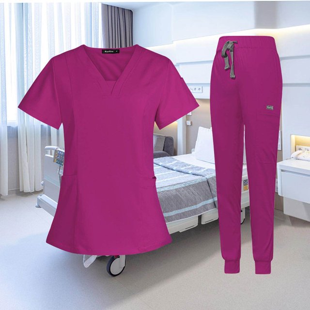 facefd Female Scrub Set Nurse v neckline Machine Washable Short Sleeves Suit M Rose Red
