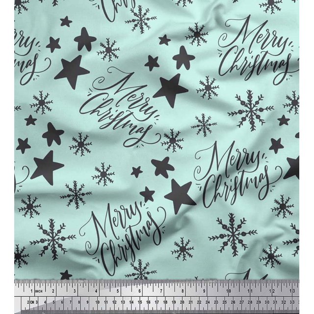 Soimoi Green Heavy Canvas Fabric Star & Snowflakes Text Print Fabric by the Yard 58 Inch Wide