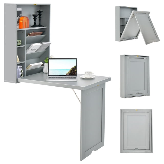 Gymax Bureau d'Ordinateur Mural Convertible, Bureau Flottant avec Bibliothèques de Rangement, Gris