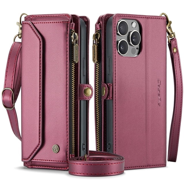Rvkxad Flip Top Zipper Wallet Case for iPhone 15 in a vibrant red color, designed as a multi-function leather phone cover with card slots, a magnetic closure, and a detachable strap. The wallet-style case includes a zippered compartment for cash and cards, combining protection and practicality for the iPhone 15.