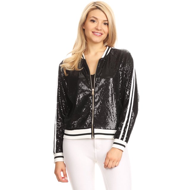 Veste Bomber à Paillettes à Rayures pour Femmes à Manches Longues avec Fermeture Éclair Frontale