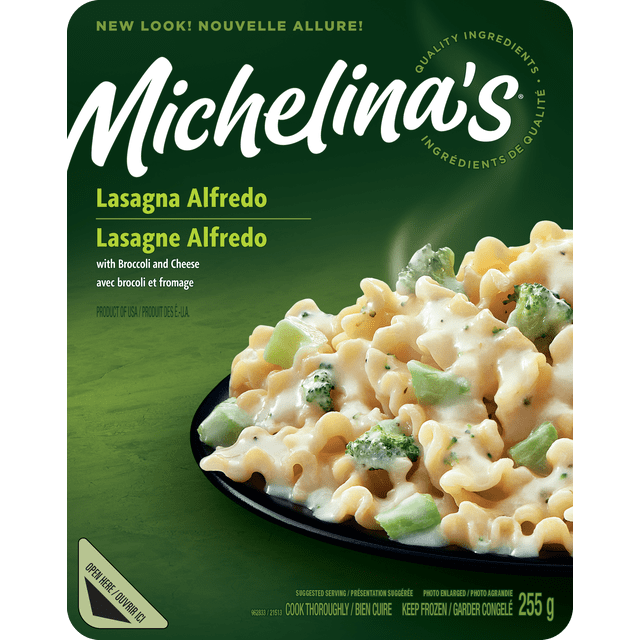 Michelina's Lasagna Alfredo with Broccoli And Cheese featuring tender mini-lasagna pasta in creamy Alfredo sauce with crisp broccoli and melted mozzarella cheese on a black plate, 255 g frozen Italian food ideal for quick, convenient meals.