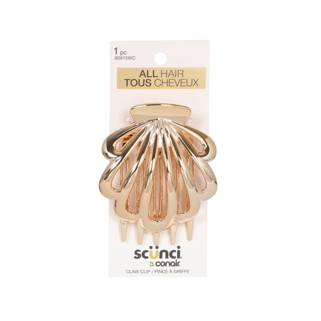Scunci 1 pk flat shell claw clip in gold seashell shape with flat side for comfort, designed to hold thick and long hair securely, shown on white packaging with bilingual English and French text, suitable for everyday hair styling.