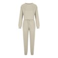 thumbnail image 4 of IROINNID Survêtement pour Femmes Ensemble 2 Pcs Col Rond Couleur Unie Pull Court à Manches Longues Décontracté avec Cordon de Serrage, Beige, 4 of 8