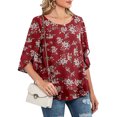 thumbnail image 3 of Pompotops Femmes Casual Imprimé Floral Col Rond 3/4 Manches en Mousseline de Soie Blouse Tops, 3 of 7