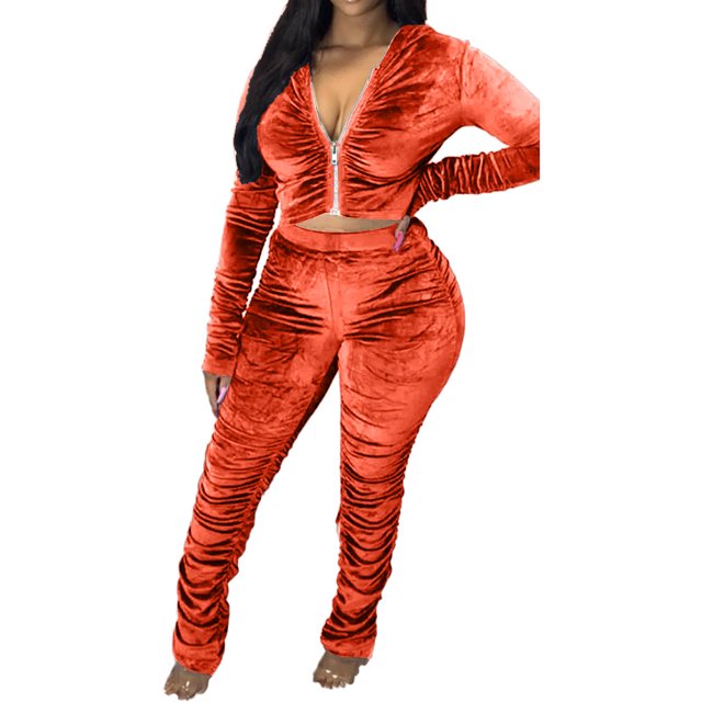 Honganda Slim Pleated Zipper Hooded Top and Pants Two-piece Suit