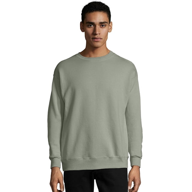 Hanes Ecosmart Crewneck Sweatshirt in a muted green shade, crafted from a sustainable 7.8 oz./yd² 50/50 blend of US-grown cotton and polyester. Features a classic crewneck design with ribbed cuffs and hem, transitioning to a tear-away label for added comfort.