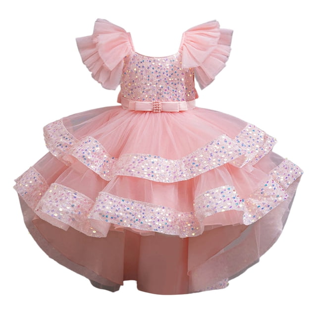 HXWCHs Robe à Boutons Robe Élégante Formelle pour Filles avec Traîne Détachable Concours Fête Mariage Robe de Récital Rose Pâle 3-4 Ans
