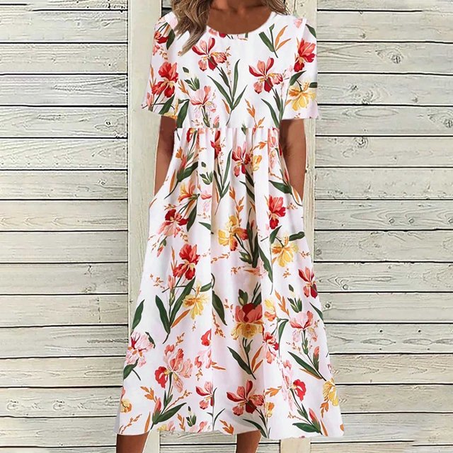 Robe Grande Taille Mode Femmes Décontractée Aguichant Col Rond Imprimée Été Manches Courtes Poches Robe Robes pour Femmes 2023 Décontracté en Liquidation