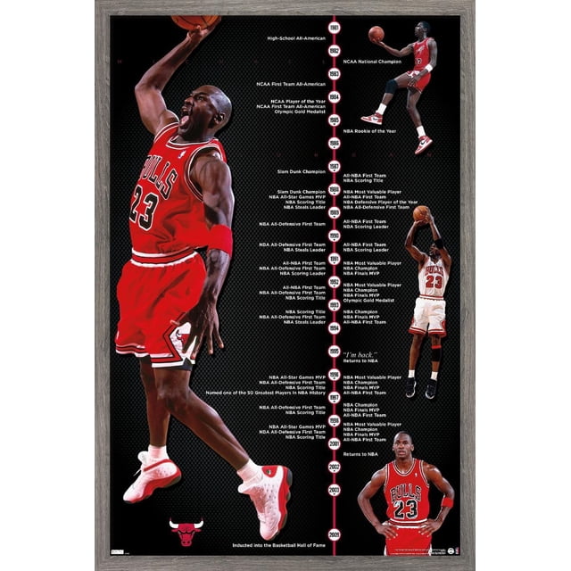 Michael Jordan - Timeline Wall Poster, 22.375" x 34" framed featuring a vertical timeline of Michael Jordan's basketball career from 1981 to 2009. The poster includes images of Jordan in Chicago Bulls jerseys performing dunks and shots, with key achievements like NCAA championships, NBA MVP awards, scoring titles, and Hall of Fame induction on a black textured background with white and red text, framed in gray wood, perfect for home décor and wall art.