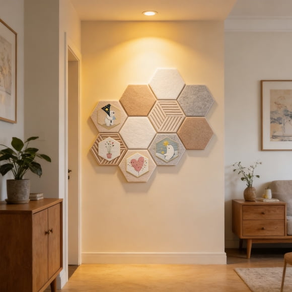 VVQ Hexagon Cork Board, 12 X 10 Inch Felt Bulletin Board Tiles, 40 Pushpins Pin Boards for Wall Decor, Self-Adhesive Sound Absorbing Fabric Notice Board for Home Office