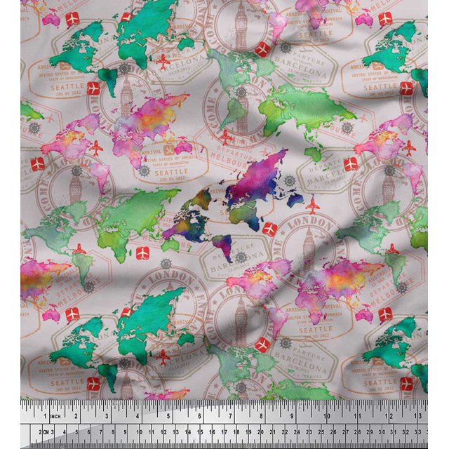 Soimoi Gray Poly Georgette Fabric Stamp & World Map Print Fabric by the Yard 52 Inch Wide
