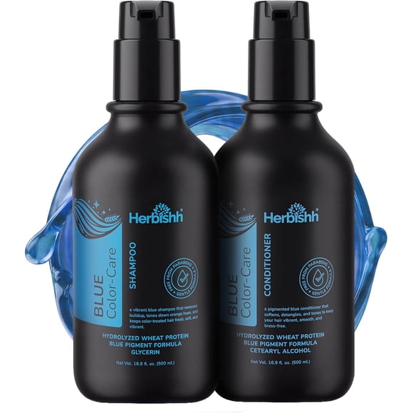 Herbishh Blue Shampoo & Conditioner Set (500 ml Each), Neutralizes Brassy & Orange Tones, Shampoo & Conditioner Duo for Brunette, Colour Treated & Highlighted Hair, Hydrating Care to Enhance Shine
