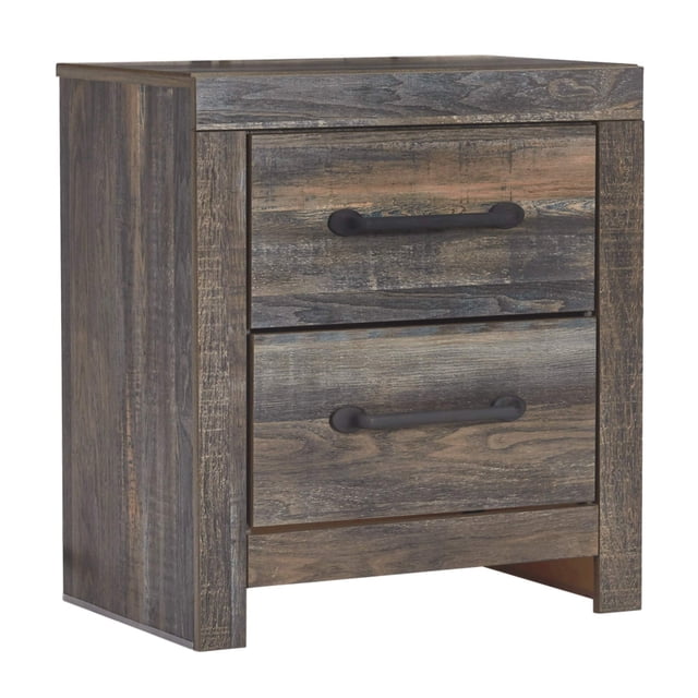 Signature Design by Ashley Drystan table de Chevet Rustique Industriel à 2 Tiroirs avec 2 Stations de Recharge USB à Profil Mince en Brun Résistant aux Intempéries. Cette table de Chevet Présente un grain de Bois Répliqué avec des Notes d'Orange Brûlé et de Sarcelle, des Poignées de Tiroir Allongées et des Tiroirs Doublés de faux Lin. Design Compact Mesurant 21,75 Pouces de Large, 15,5 Pouces de Profondeur et 24,5 Pouces de Hauteur.