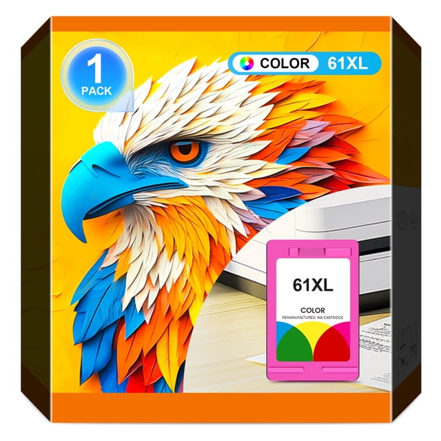 HP Printer Ink 61 Color for HP 61XL Color Ink Cartridges, compatible with HP Deskjet 2541, OfficeJet 4630, Envy 4501, and more. The packaging displays a colourful eagle design and a pink 61XL cartridge, highlighting its remanufactured quality, high yield of 450 pages, and smudge-resistant, water-resistant, and fade-resistant printing capabilities.