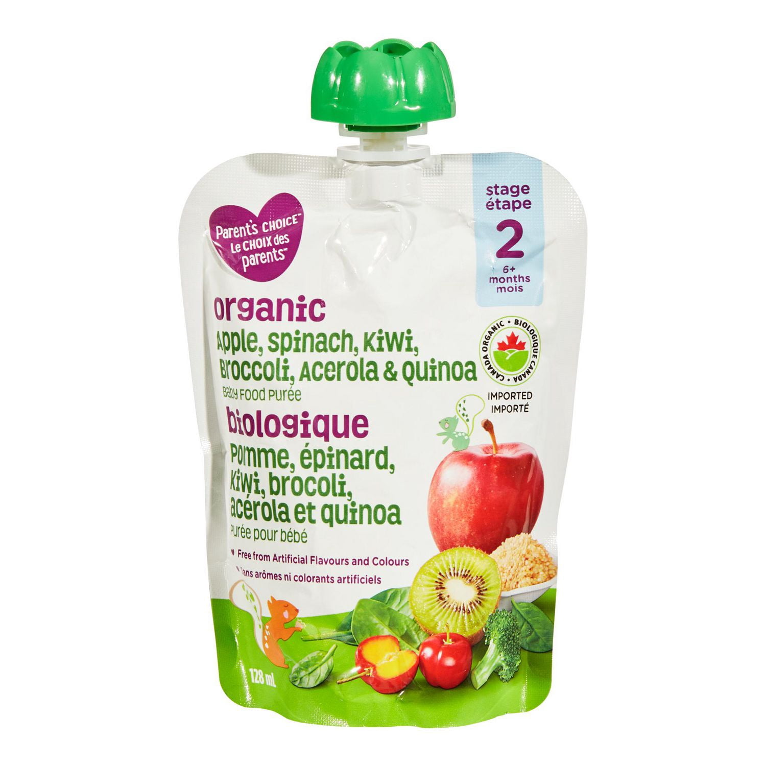 Parent's Choice Purée pour Bébés Biologique aux Pommes, Épinards, Kiwi, Brocoli, Acérola & Quinoa